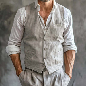 Lässige Herrenweste aus Baumwolle und Leinen mit V-Ausschnitt und einreihigen aufgesetzten Taschen