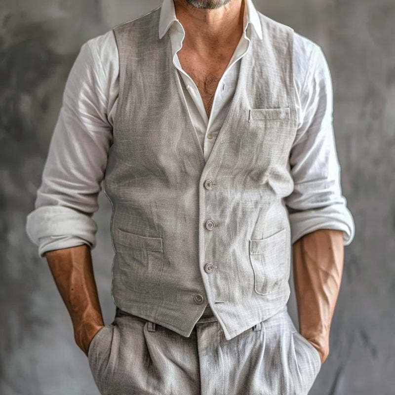 Men's Casual Cotton Linen V-neck Single-breasted Patch Pockets Vest