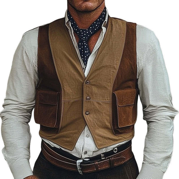 Men's Three-Button Brown Suede Colorblock Vest
