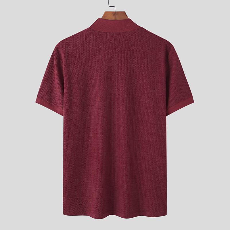 Herren-T-Shirt mit halbem Rollkragen, einfarbig, eng gestrickt, kurzärmelig