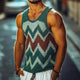 Camiseta sin mangas de cuello redondo con bloques de color de diamante estilo retro informal para hombre