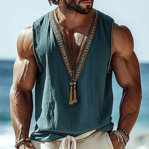 Camiseta sin mangas bordada vintage con cuello en V de verano para hombre