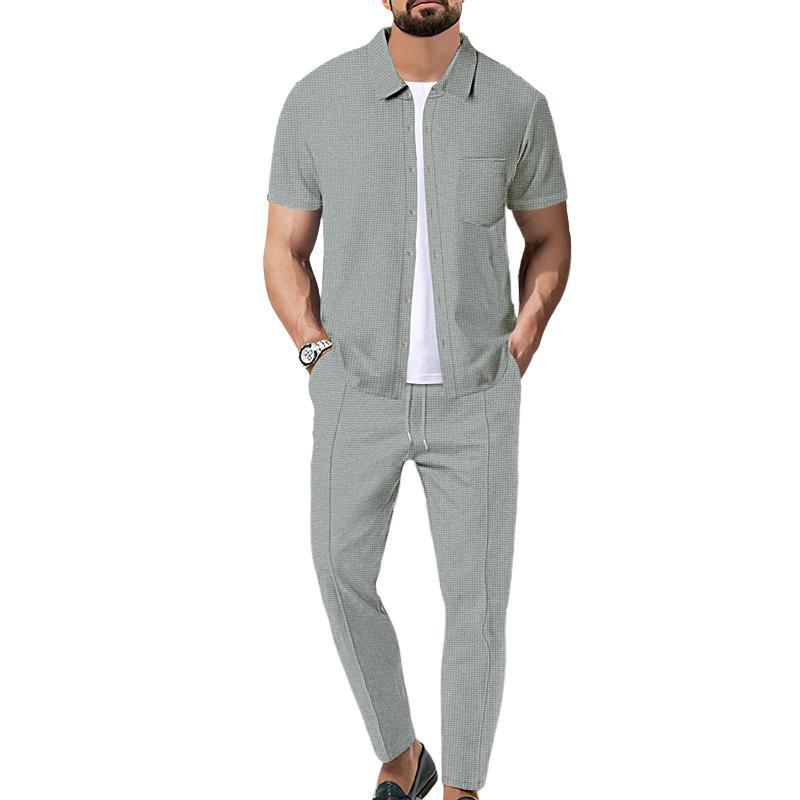 Men's Waffle Solid Color Short Sleeve Shirt And Pants Set