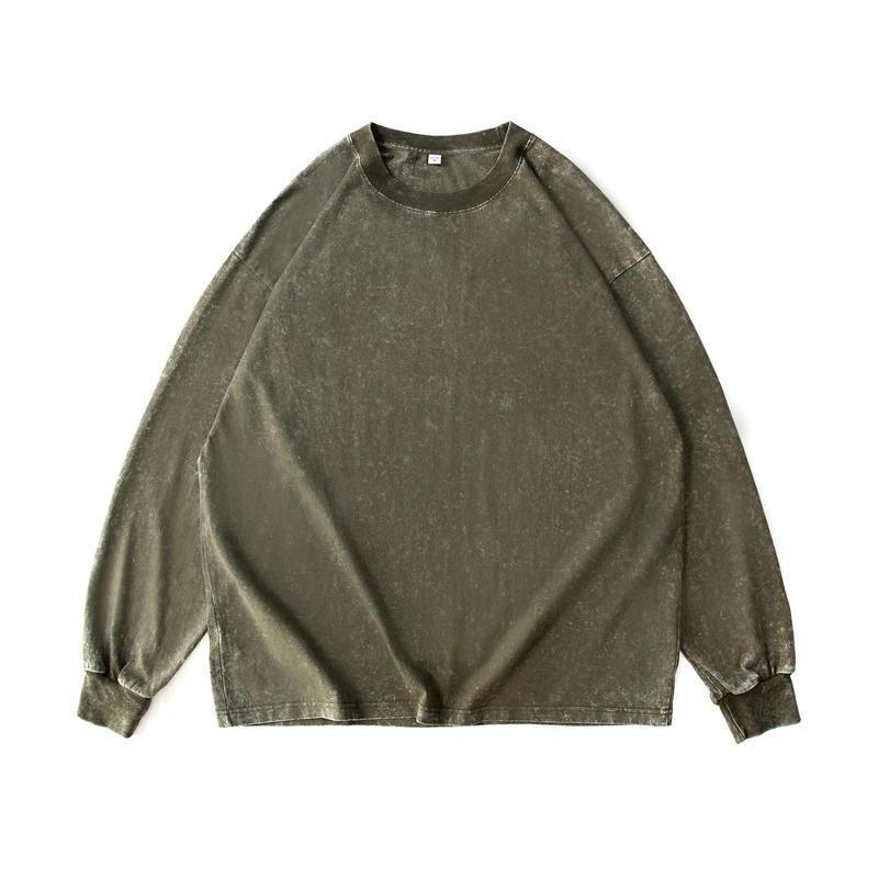 Camiseta de manga larga de algodón lavado y desgastado para hombre