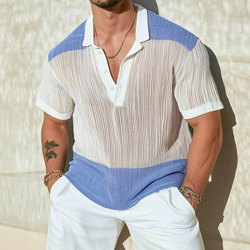 Men's Casual Contrast Lapel Loose Single Knit Short Sleeve Polo Shirt MTA3153C8M