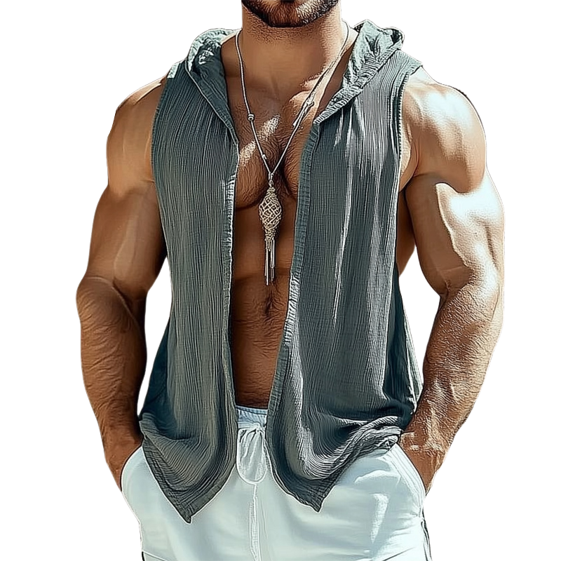 Men's Dark Gray Textured Hooded Unbuttoned Tank Top