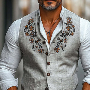 Chaleco vintage bordado con cuello alto para hombre
