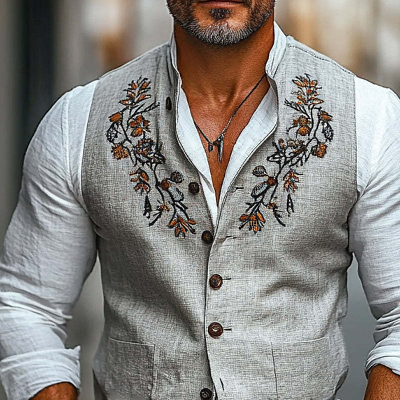 Men's Vintage Embroidered Stand Collar Vest