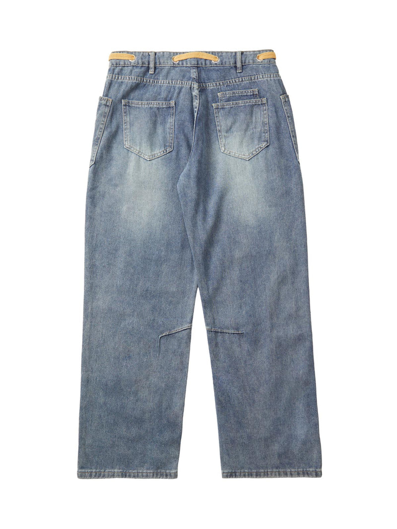 Drawstring Denim Patch Washed Jeans