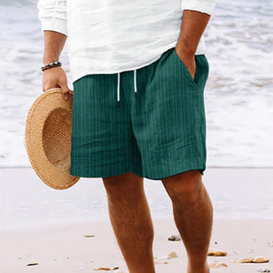 Pantalones cortos de playa a rayas de algodón y lino con cordón para hombre