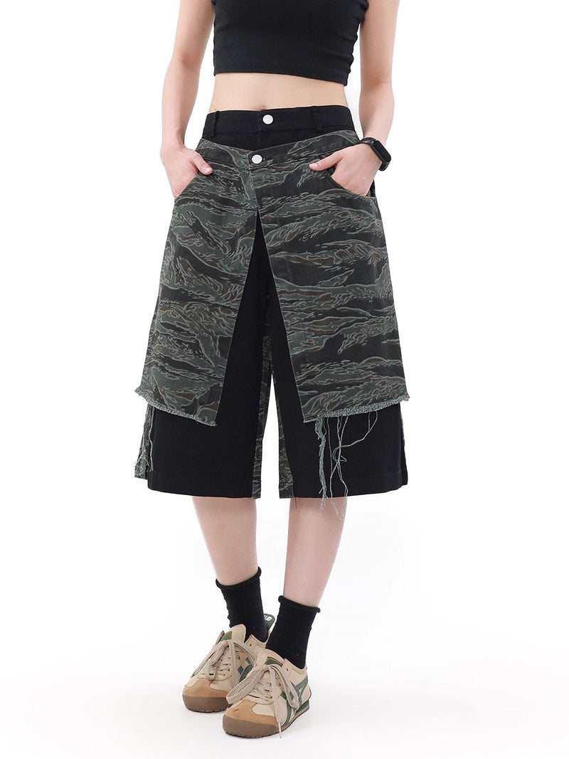 High Street Patchwork Camouflage Contrast Denim Jorts