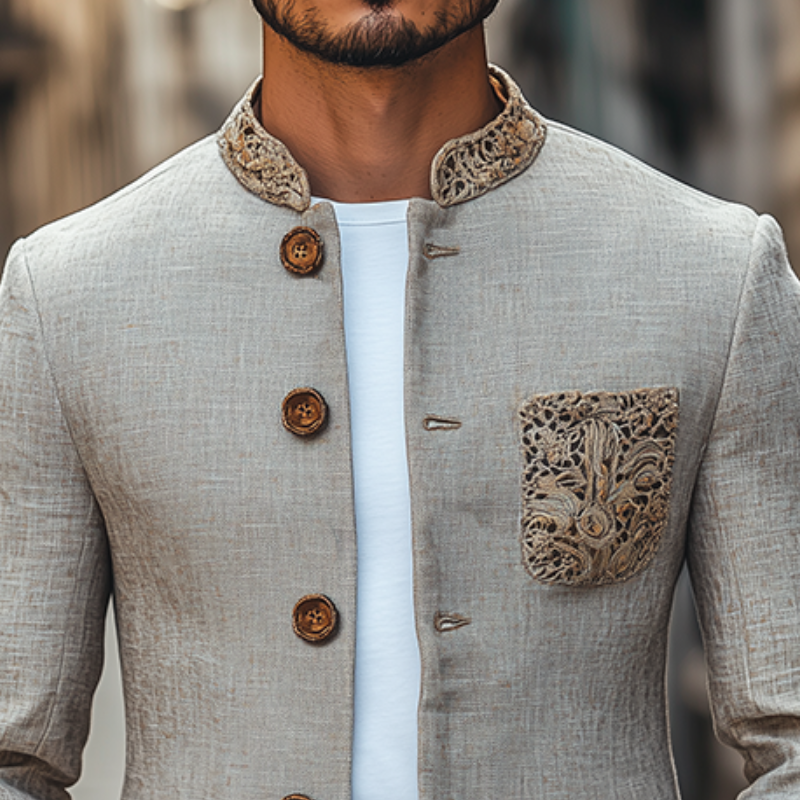 Men's Classic Retro Stand Collar Pocket Embroidery Thin Cotton And Linen Jacket MTA2435C3K