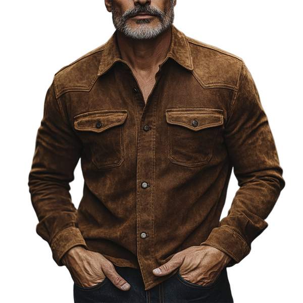 Camisa vintage de manga larga de ante marrón para hombre