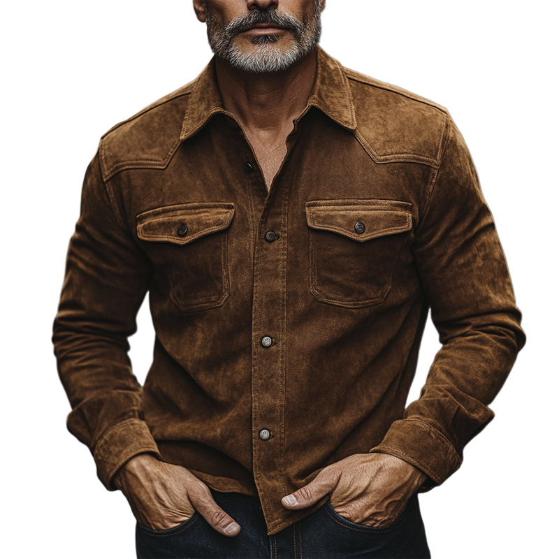 Camisa vintage de manga larga de ante marrón para hombre