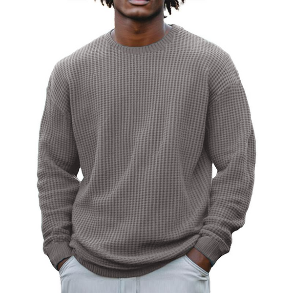 Sudadera de manga larga con cuello redondo y estampado de gofres de color liso para hombre