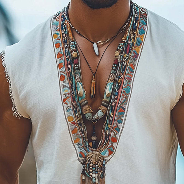 Men's Summer Retro Deep V Neck Embroidered Tank Top