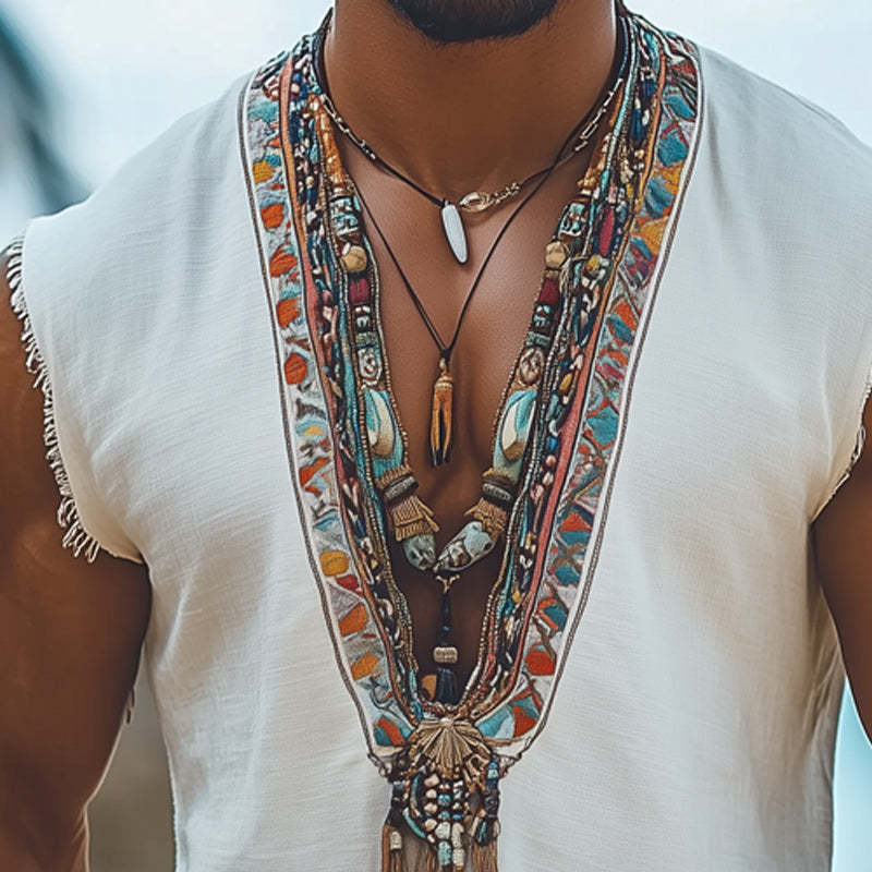 Men's Summer Retro Deep V Neck Embroidered Tank Top