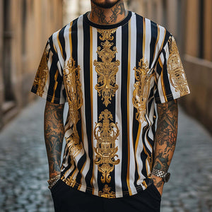 Camiseta de manga corta con cuello redondo y estampado barroco retro informal para hombre