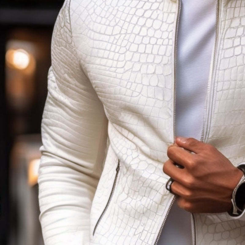 Men's Fashion Stone Pattern Stand Collar Zipper Slim Fit Leather Jacket