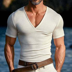 Camiseta informal de manga corta con cuello en V y punto de color liso para hombre