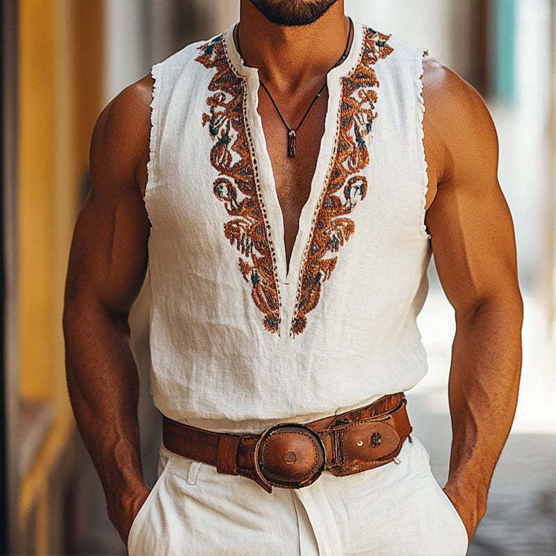 Camisa sin mangas con cuello bordado Perris estilo casual vintage para hombre