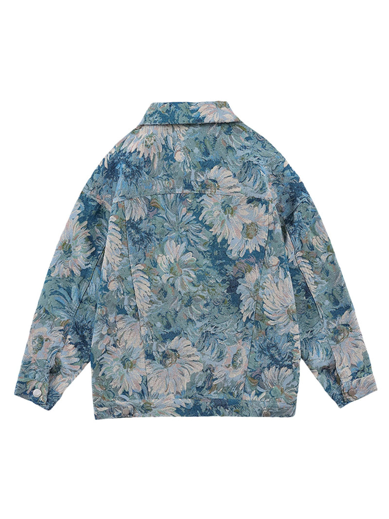 Oil Painting Jacquard Flower Denim Jacket