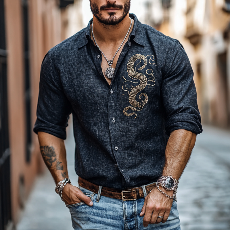 Camisa informal de lino con bordado de serpiente y solapa ajustada de manga larga para hombre