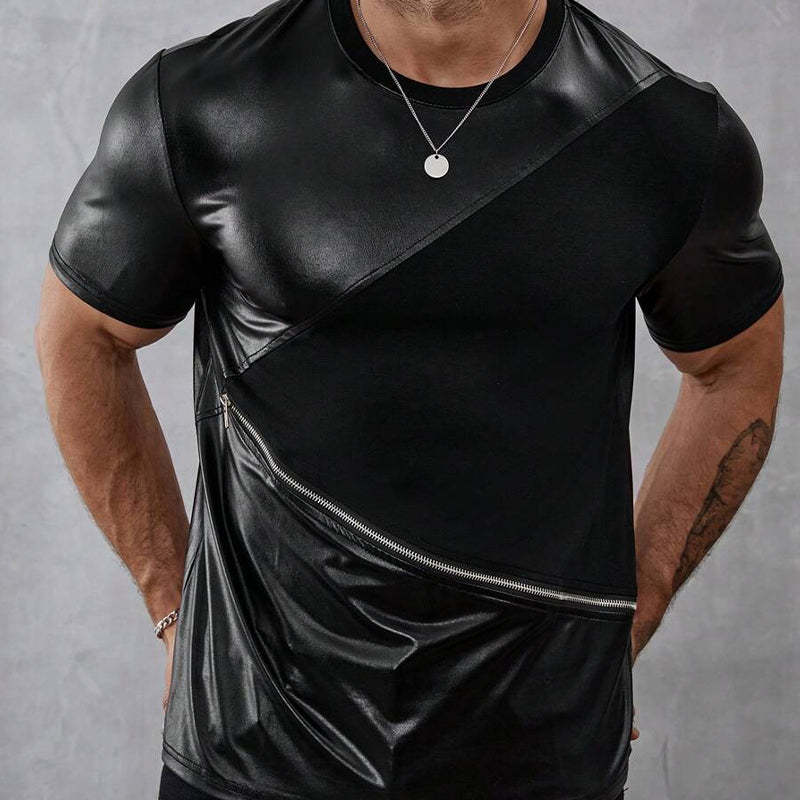 Camiseta de manga corta con cuello redondo y cremallera de patchwork de color liso para hombre