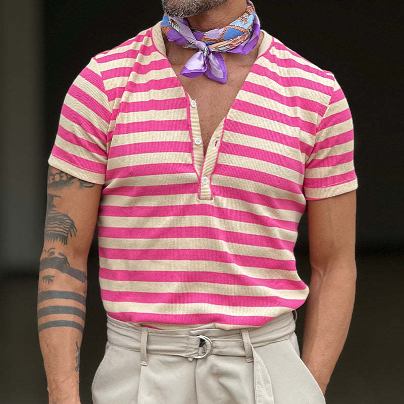 Camiseta informal de manga corta con cuello henley a rayas para hombre 