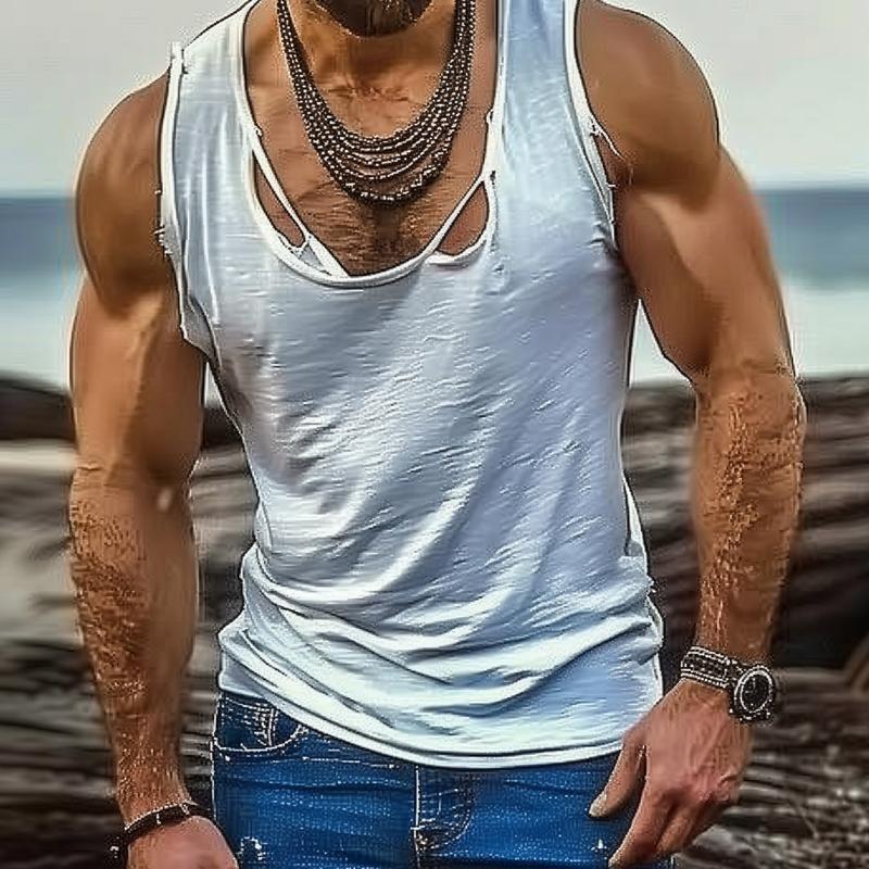 Camiseta informal de tirantes con agujeros y lavado de mezcla de algodón para hombre