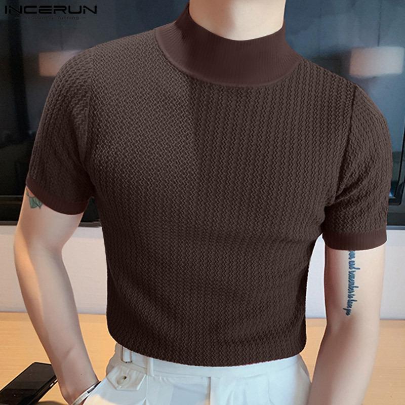 Herren-T-Shirt mit halbem Rollkragen, einfarbig, eng gestrickt, kurzärmelig