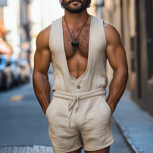 Men's Spring And Summer Fashion Leisure Deep V Neck Cotton And Linen Tank Top Shorts Jumpsuit