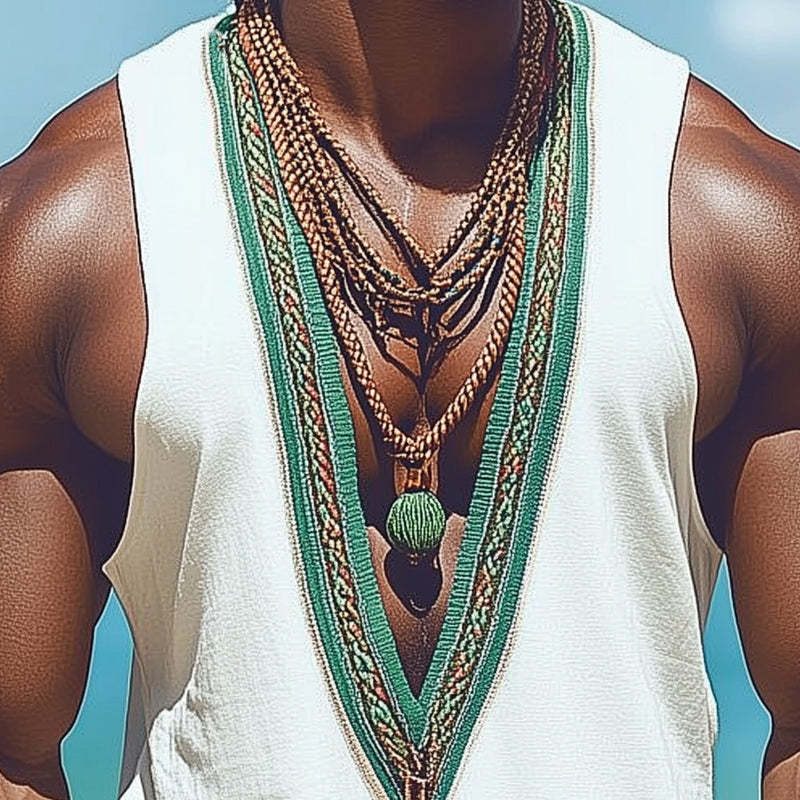 Camiseta sin mangas informal bordada retro con cuello en V profundo de verano para hombre