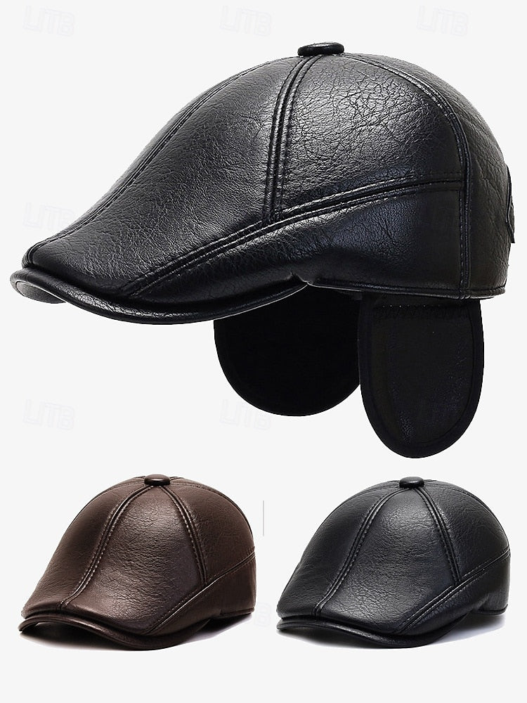 Men's Faux Leather Beret with Ear Flaps – Stylish Winter Hat with Ear Protection for Casual Wear and Outdoor Activities