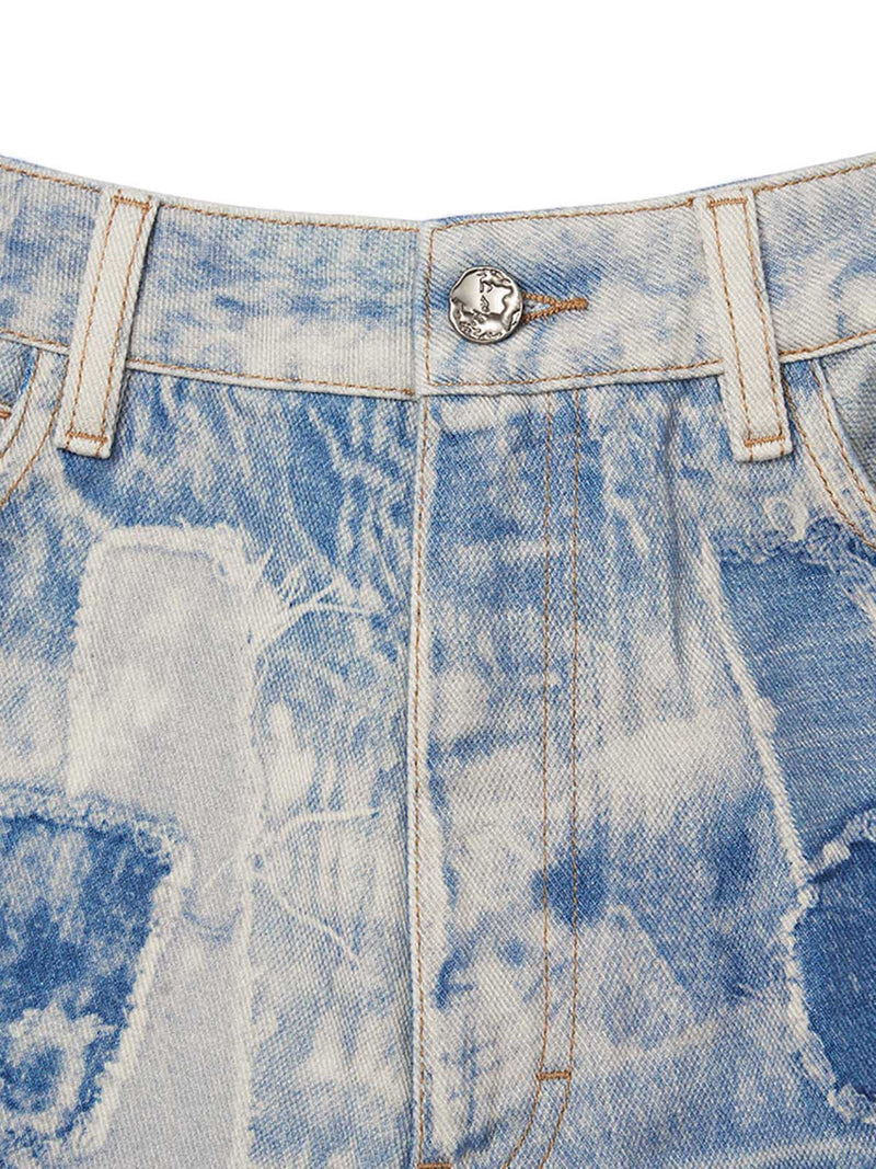 Washed Raw Edge Tie-dye Print Straight Jeans