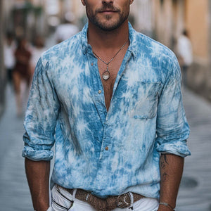 Men's Skin-friendly Light Blue Tie-Dye Cotton Casual Shirt