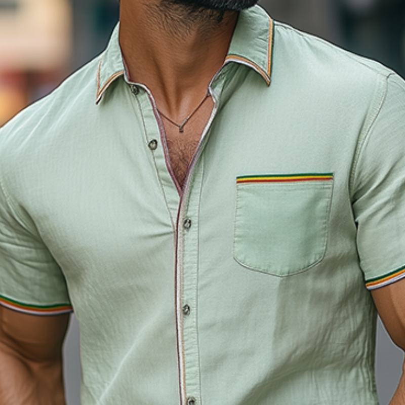 Camisa informal de verano para hombre, de algodón y lino con costuras de cinta de colores, de manga corta