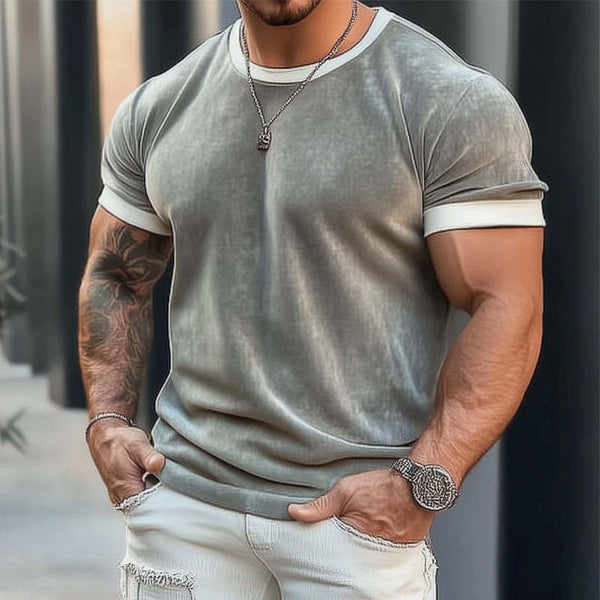 Camiseta informal de manga corta de terciopelo básico de color liso para hombre