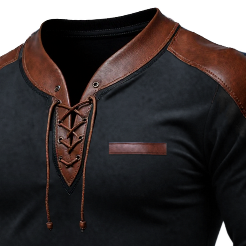 Men's Vintage PU Leather Patchwork Normal Outdoor Causal Long Sleeve Lace-up T-shirt