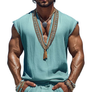 Herren Sommer-Tanktop aus Baumwolle und Leinen mit V-Ausschnitt und Retro-Stickerei