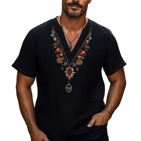 Men's Casual V-neck Cotton And Linen Embroidered T-shirt