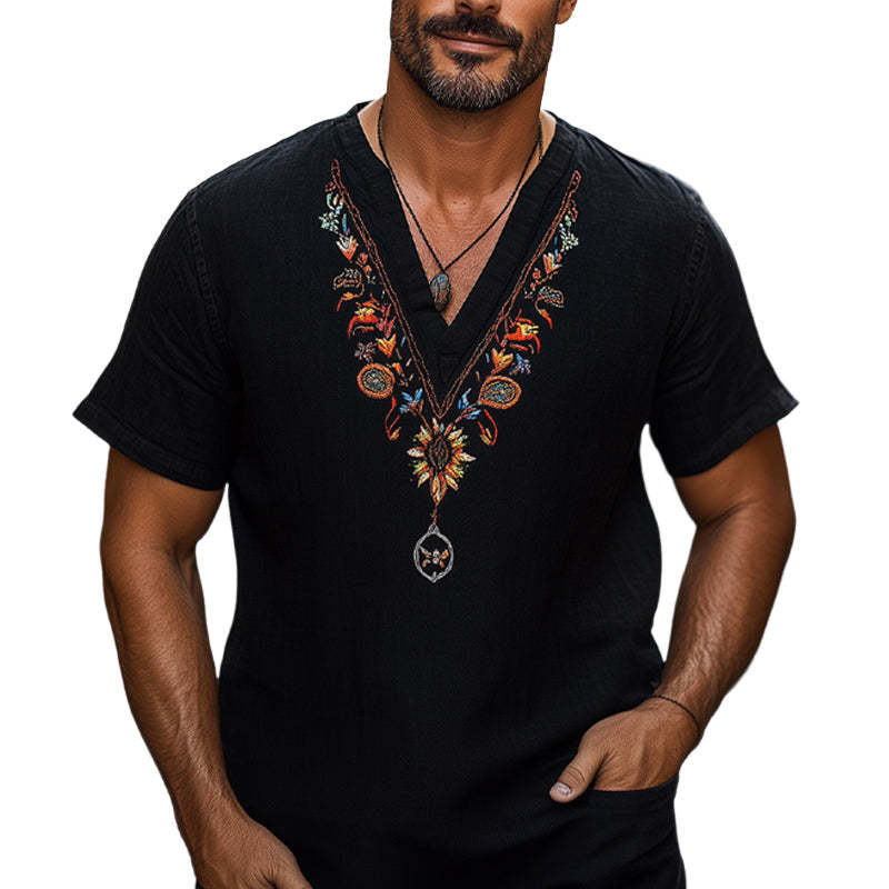 Men's Casual V-neck Cotton And Linen Embroidered T-shirt