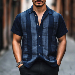 Men's Retro Stripe Print Linen Lapel Short Sleeve Shirt
