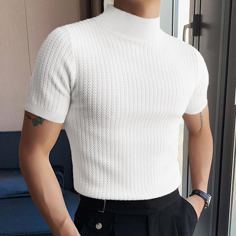 Herren-T-Shirt mit halbem Rollkragen, einfarbig, eng gestrickt, kurzärmelig