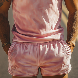 Men's Spring Fashion Casual Slim Fit Embroidered Suede Tank Top Shorts Set