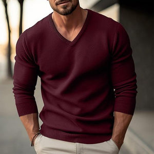 Men's Solid Color V-neck Long-sleeved Knitted Pullover Sweater