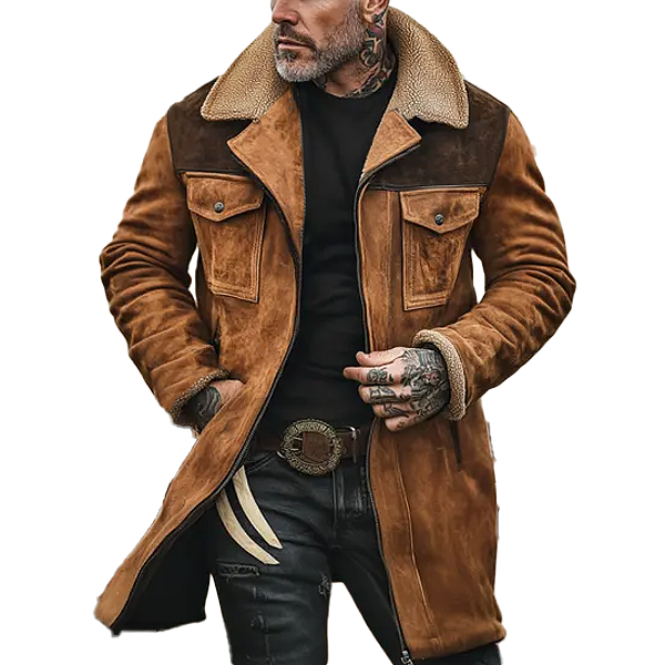 Men's Colorblock Suede And Polar Fleece Lapel Mid-Length Coat 40617808Y