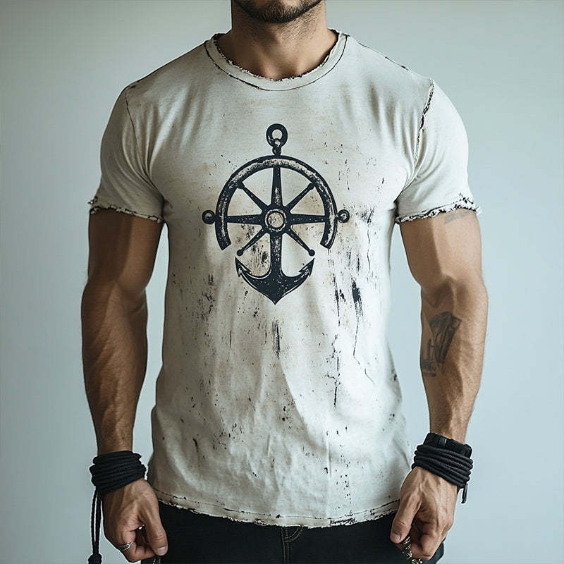 Camiseta de manga corta con cuello redondo, rasgada e informal con estampado de ancla náutica retro para hombre