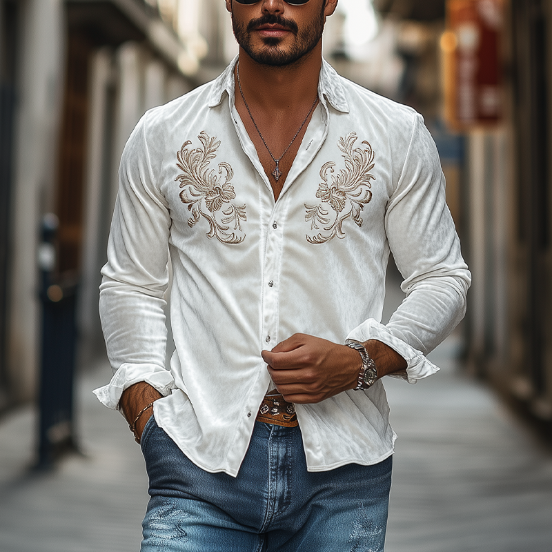 Camisa clásica vintage de terciopelo con bordado de manga larga para hombre