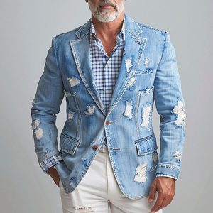 Men's Fashion Retro Casual Washed Denim Ripped Single Breasted Blazer